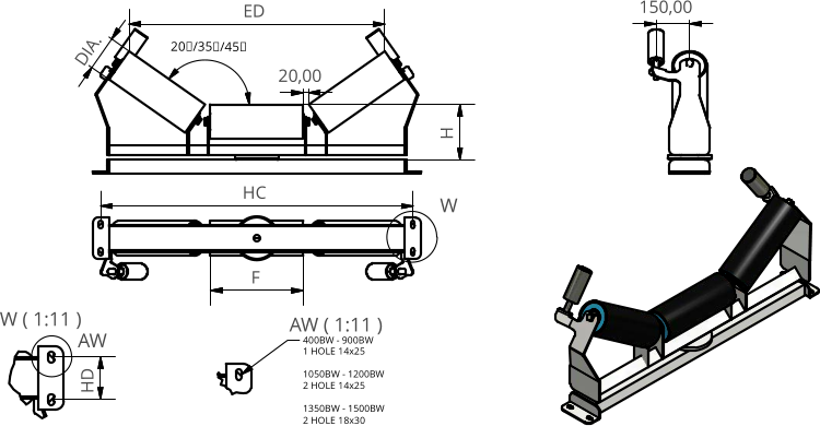 W ( 1:11 ) AW ( 1:11 ) W AW 20,00 20/35/45 H F 400BW - 900BW 1 HOLE 14x25 1050BW - 1200BW 2 HOLE 14x25 1350BW - 1500BW 2 HOLE 18x30 DIA. 150,00 ED HD HC