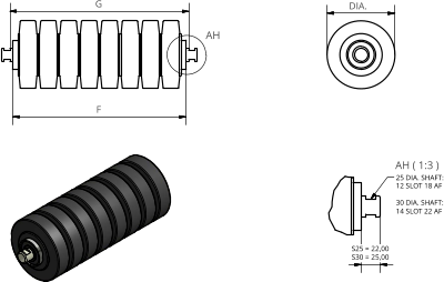 AH ( 1:3 ) AH F G DIA. 25 DIA. SHAFT: 12 SLOT 18 AF 30 DIA. SHAFT: 14 SLOT 22 AF S25 = 22,00 S30 = 25,00