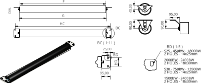 BC ( 1:11 ) BD ( 1:5 ) BC BD F G DIA. HC HD 25,00 S25 - 450BW - 1800BW 2 HOLES - 14x25mm 2000BW - 2400BW 2 HOLES - 18x30mm S30 - 750BW - 1350BW 2 HOLES - 14x25mm 1500BW - 2400BW 2 HOLES - 18x30mm 40,00 90,00 95,00 95,00 90,00