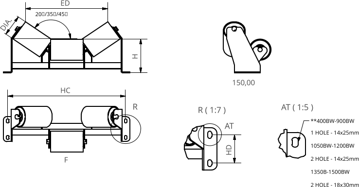 R ( 1:7 ) AT ( 1:5 ) R AT H 20/35/45 DIA. F 150,00 HD **400BW-900BW 1 HOLE - 14x25mm 1050BW-1200BW2 HOLE - 14x25mm 1350B-1500BW2 HOLE - 18x30mm ED HC